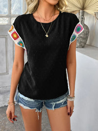 Devine Swiss Dot Round Neck Crochet Short Sleeve Top Black