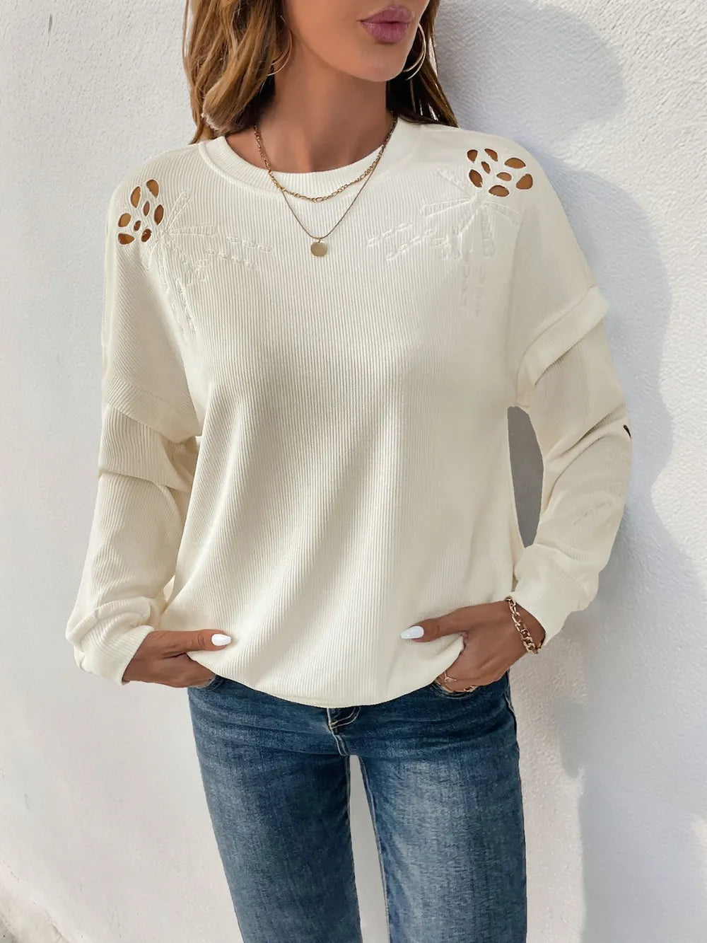 Trendy Perfee Cutout Long Sleeve Sweatshirt - Opaque, Slightly Stretchy Fabric - Polyester Blend