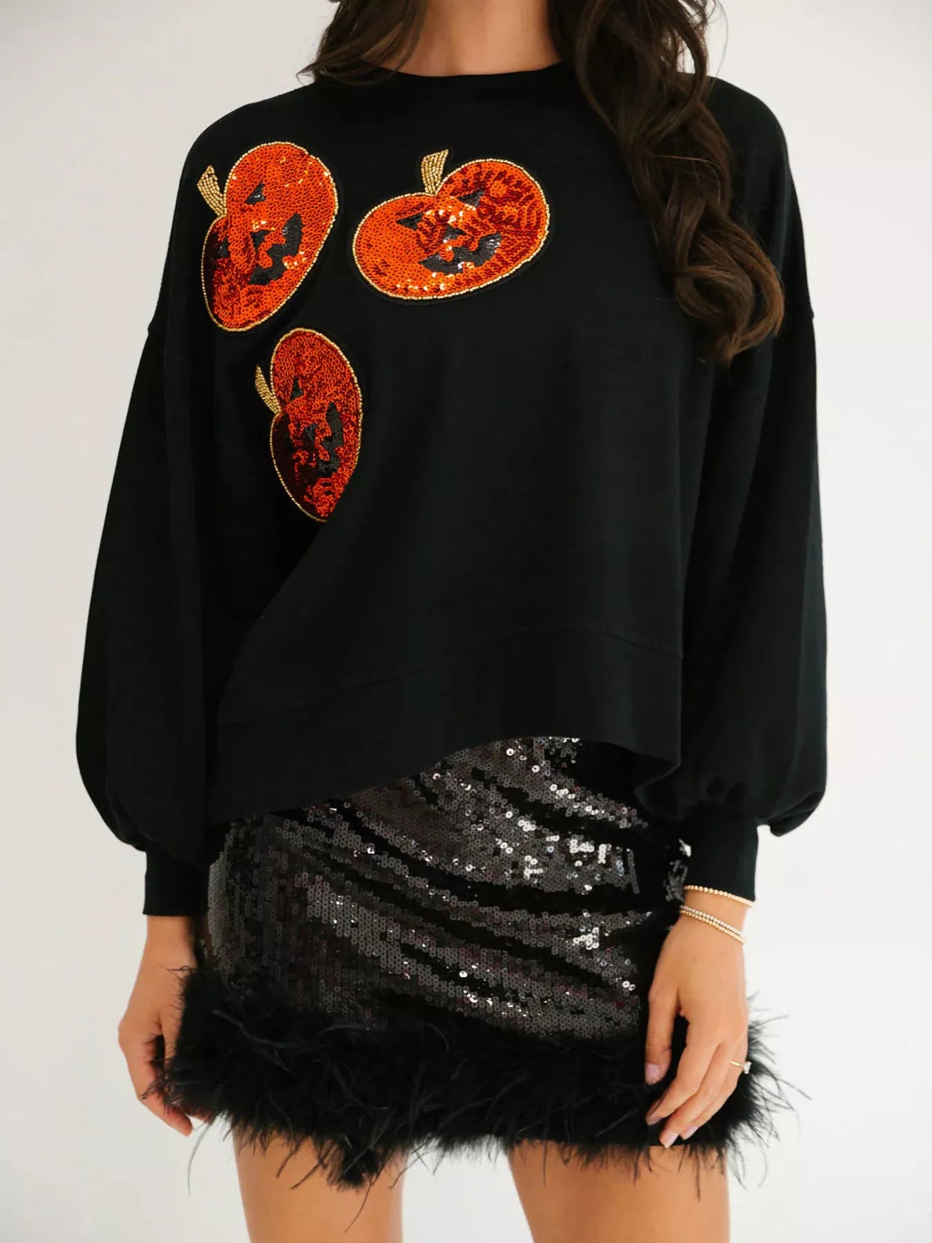 Sequin Halloween Pumpkin Round Neck Sweatshirt for Women - 100% Polyester, Stretchy Fit