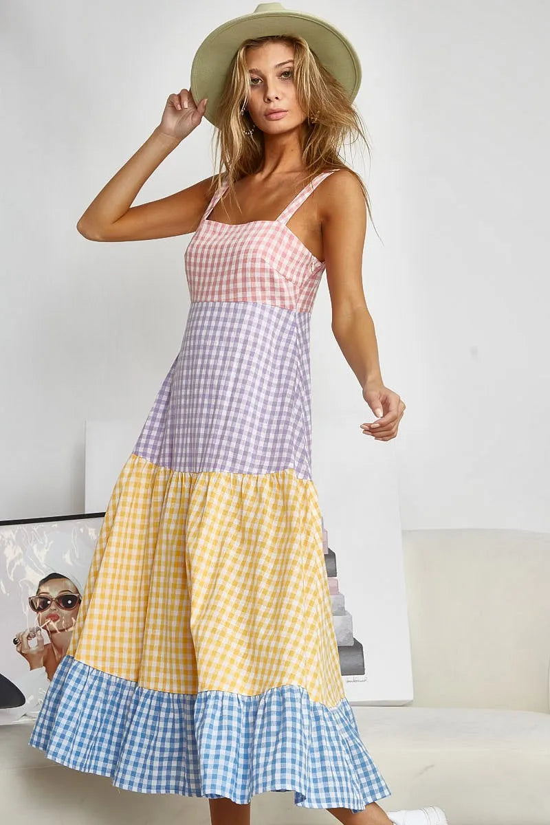 BiBi Color Block Gingham Dress - Tiered Summer Chic for Picnics & Brunch Dates