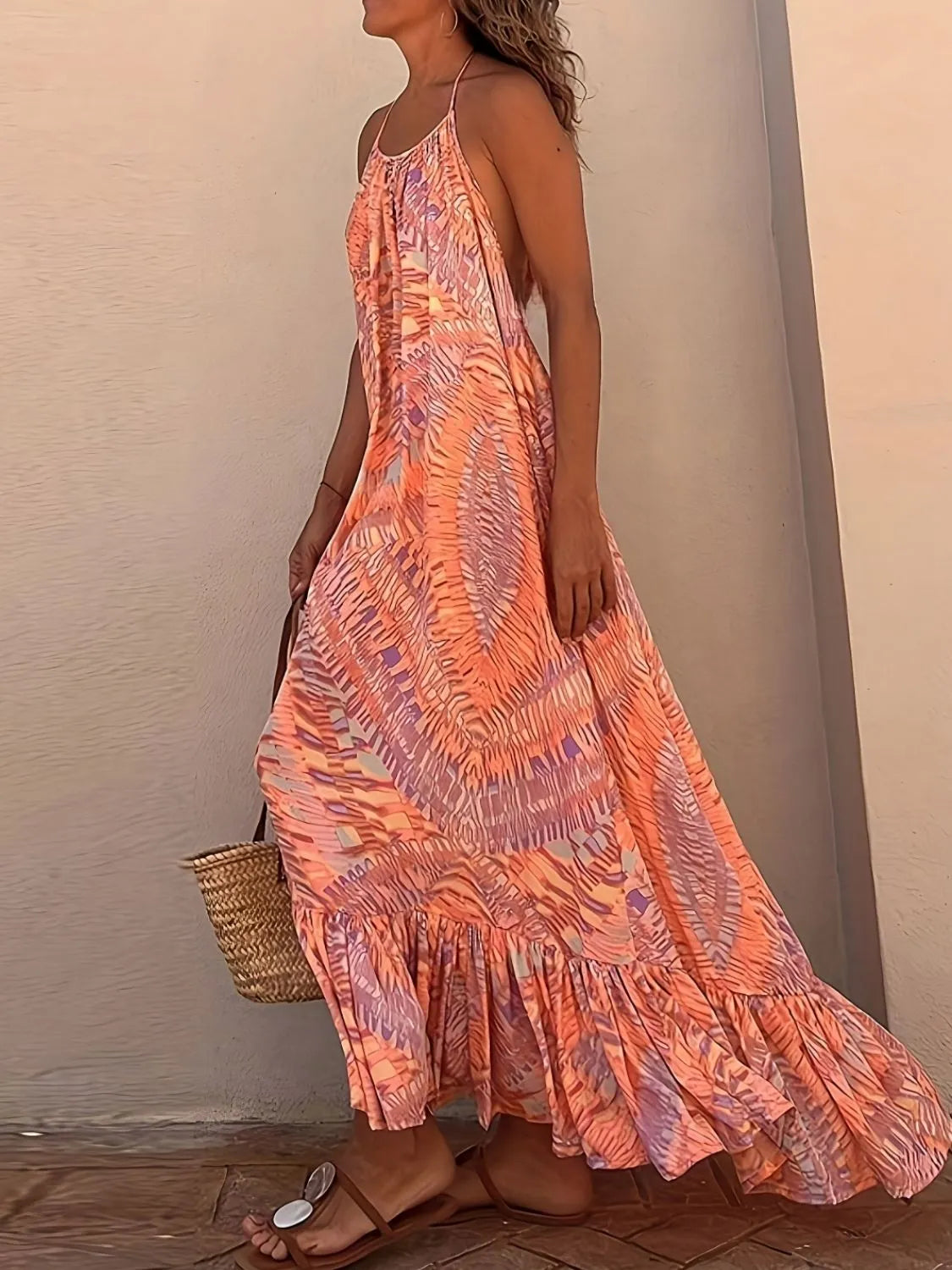 Chic Backless Ruffled Halter Neck Maxi Cami Dress in 100% Polyester, Perfect for Summer
