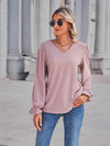 Sleek Eyelet V-Neck Blouse with Flounce Sleeves - Opaque, Slightly Stretchy Cotton Blend - Store 42