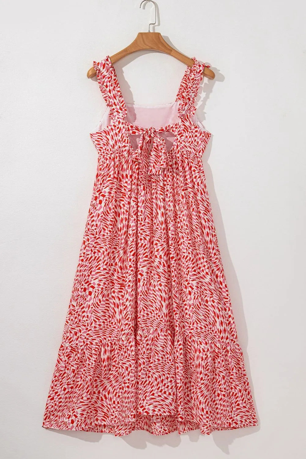 Geometric Print Knot Back Sleeveless Ruffle Hem Dress