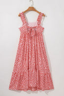 Geometric Print Knot Back Sleeveless Ruffle Hem Dress