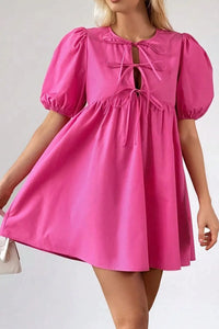 Puff Sleeve Tie Front High Waist Mini Dress