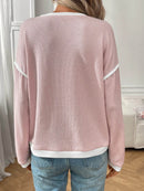 Slightly Stretchy Ribbed Long Sleeve Top with Contrast Trim - Elegant Basic Style - Store 42