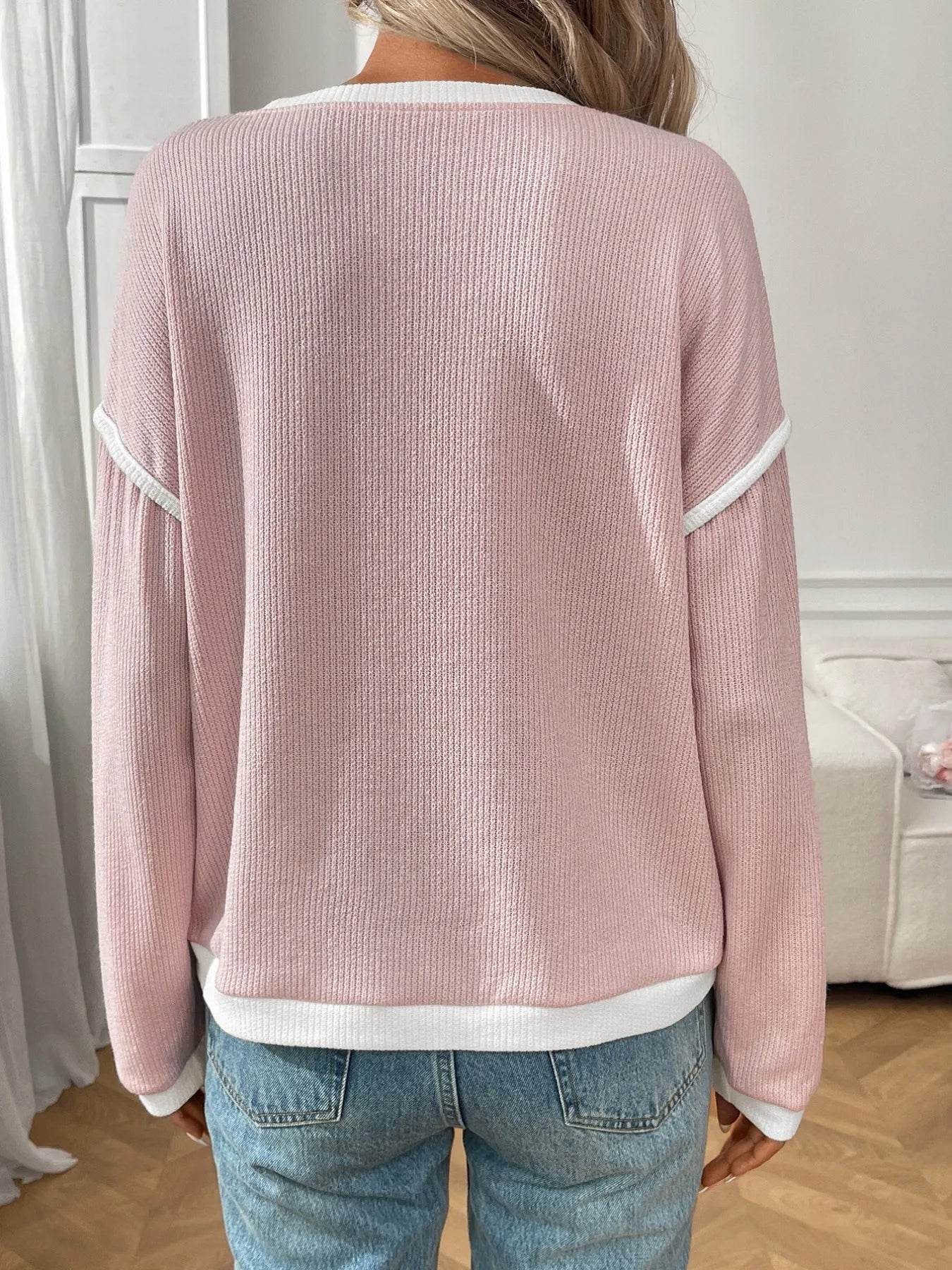 Slightly Stretchy Ribbed Long Sleeve Top with Contrast Trim - Elegant Basic Style - Store 42