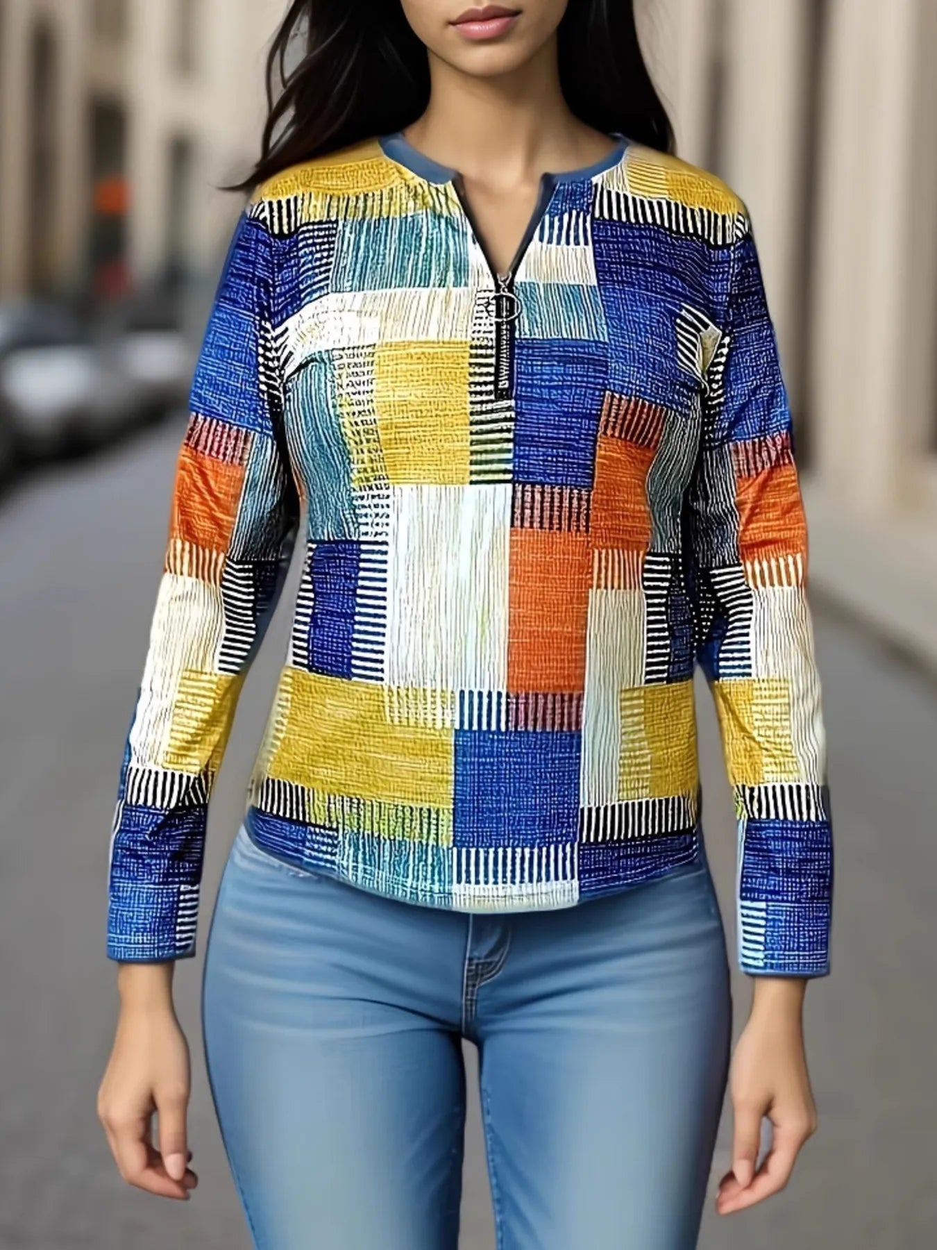 Color Block Zip Front Long Sleeve Top - Stylish & Stretchy 100% Polyester Design