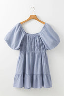 Striped Bubble Sleeve Ruched Babydoll Dress