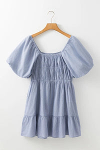 Striped Bubble Sleeve Ruched Babydoll Dress