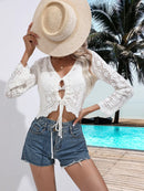 Openwork Drawstring V-Neck Long Sleeve Cover-Up