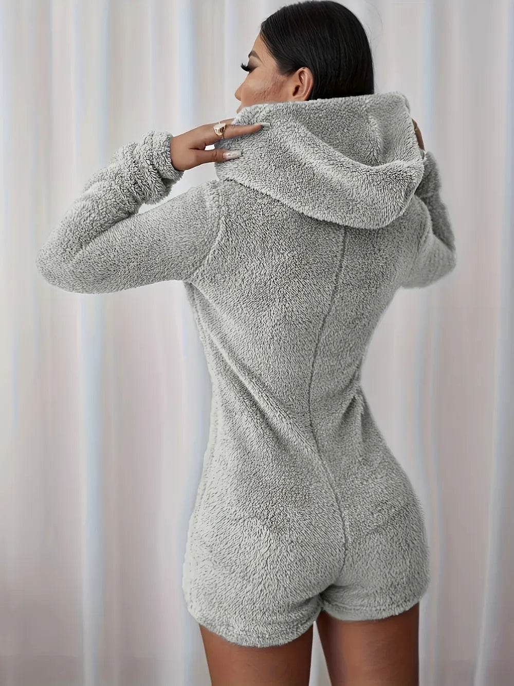 Furry Half Zip Long Sleeve Hooded Bodysuit - Store 42