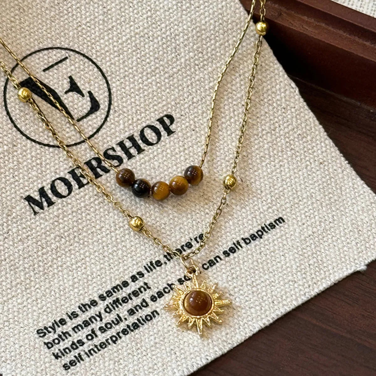 Elegant Tiger's Eye Copper Double Layered Necklace with Gold Plating - 14.6" Chain