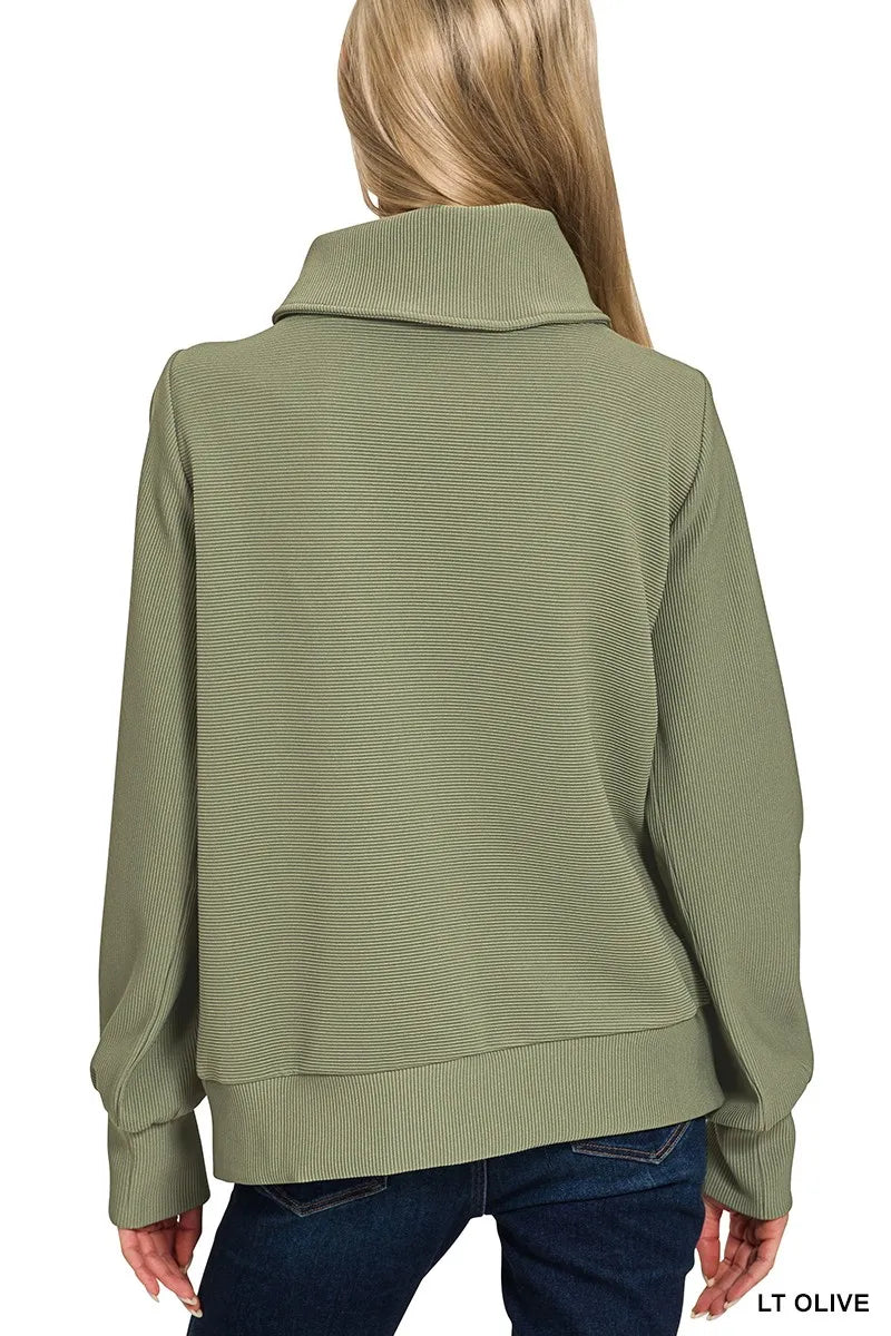 Zenana Ribbed High Neck Half Zip Pullover & Pants Set
