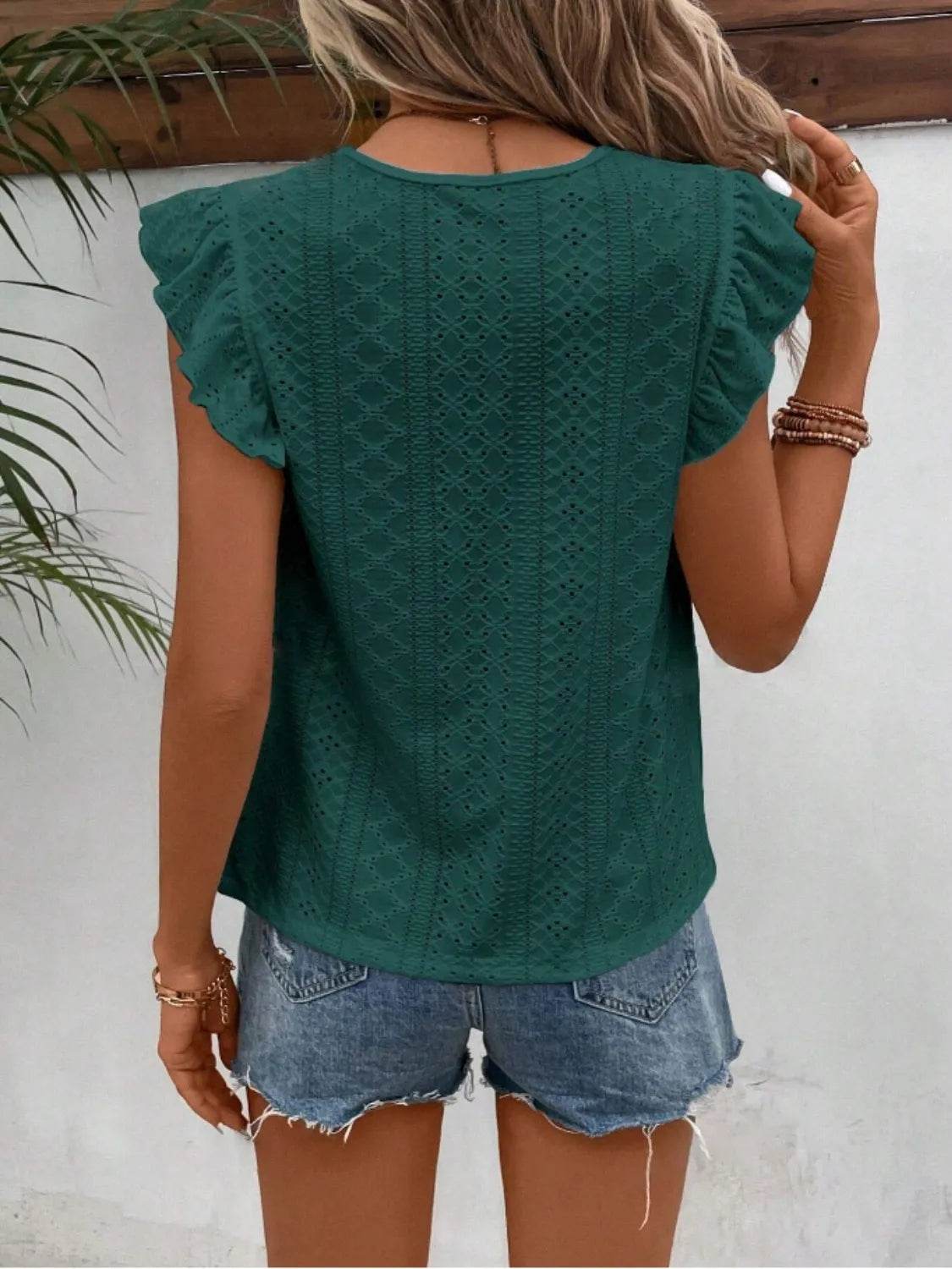 Elegant Eyelet Round Neck Cap Sleeve Top - 95% Polyester, No Stretch, Imported - Store 42