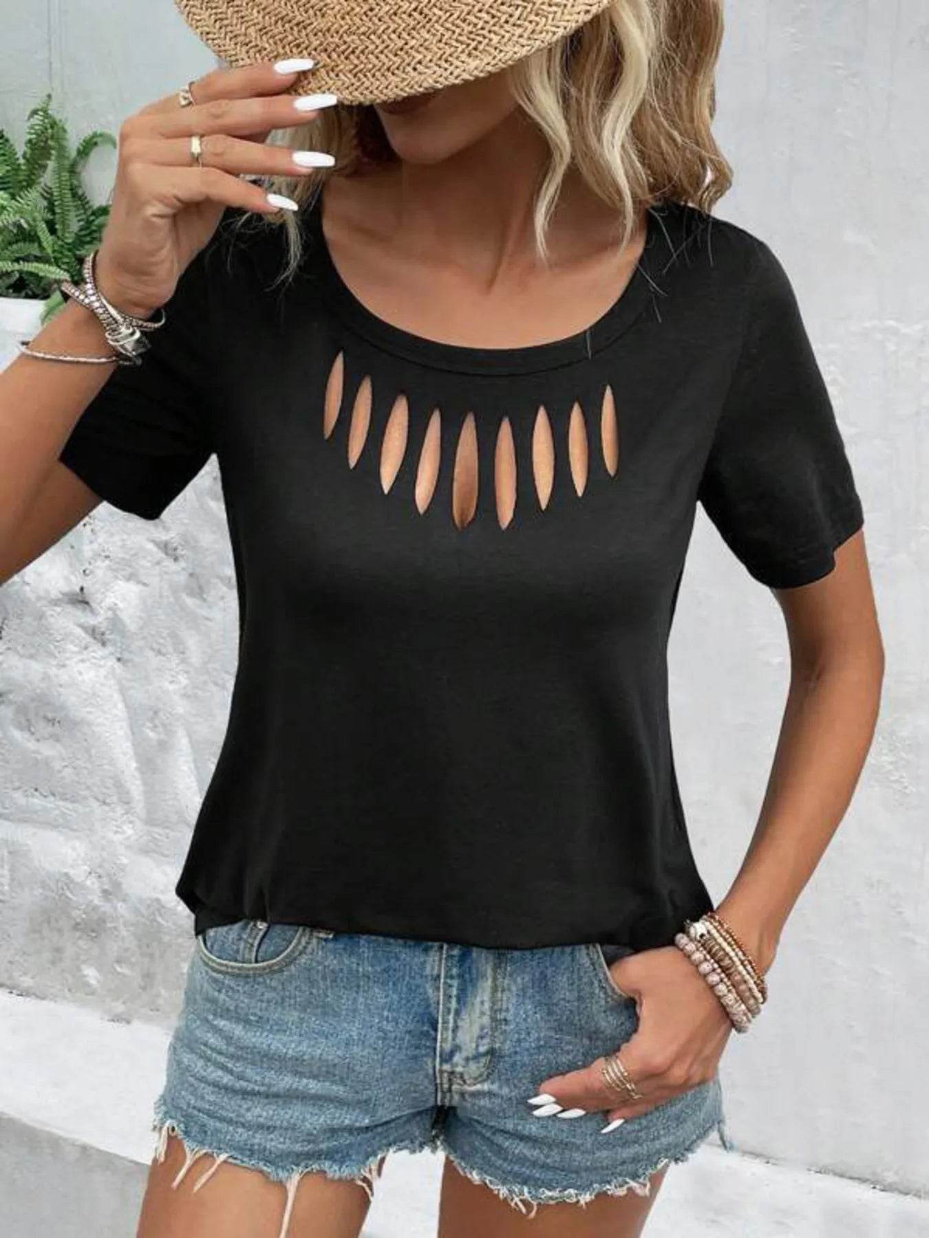 Trendsi Cutout Neckline Short Sleeve T-Shirt - Comfortable Stretchy Fit with Chic Style