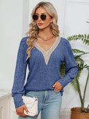 Lace Detail V-Neck Blouse with Ribbed Texture - Opaque, Slightly Stretchy Fabric - Store 42