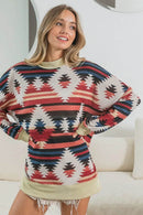 BiBi Aztec Print Mock Neck Long Sleeve Top - Oversized, Soft Cotton Blend, Tribal Chic - Store 42