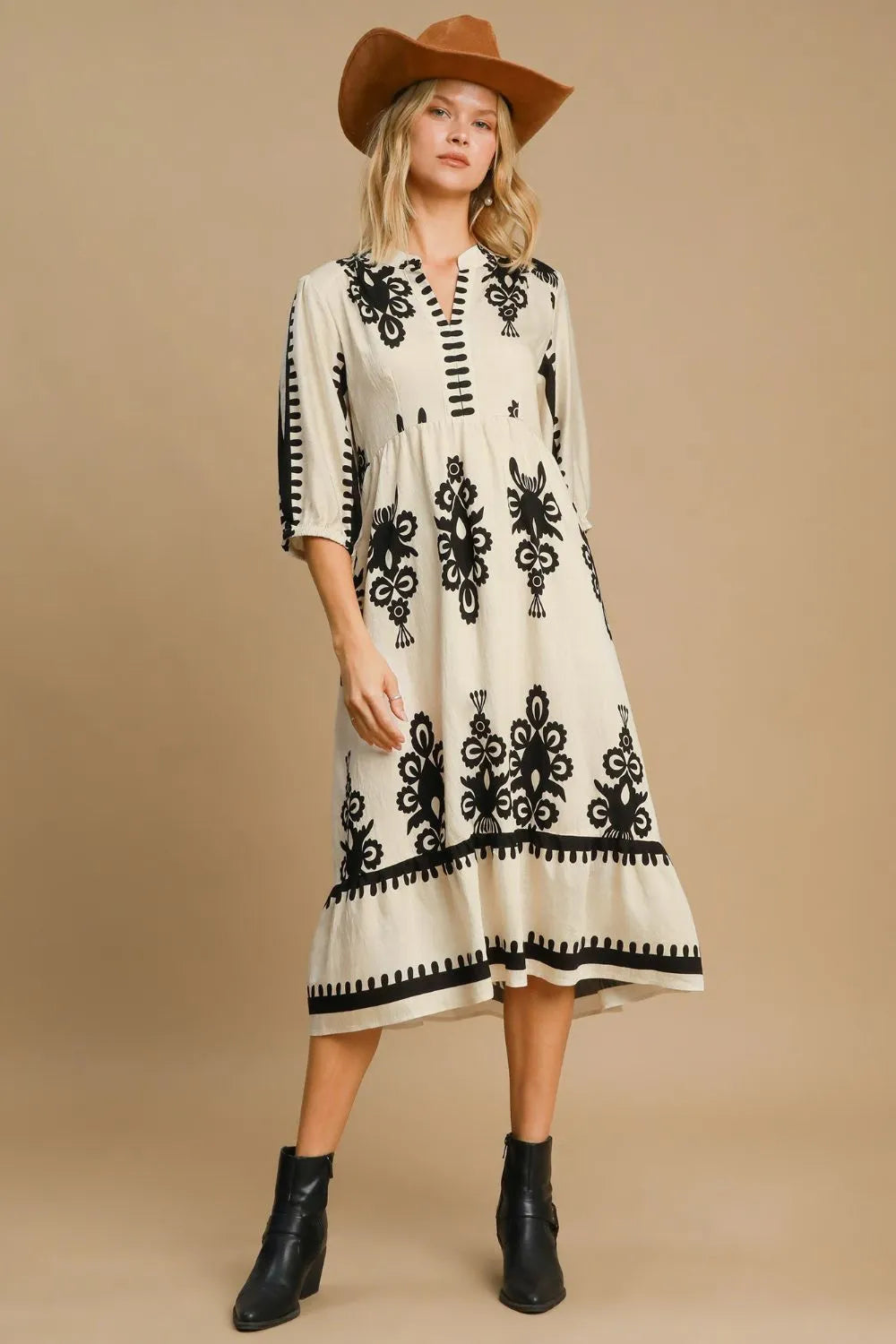 Umgee Chic Printed Notched Midi Dress - Elegant Opaque Design, Perfect For Versatile Occasions