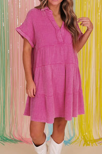 Mineral Wash Crinkle Split Neck Raw Hem Tiered Dress