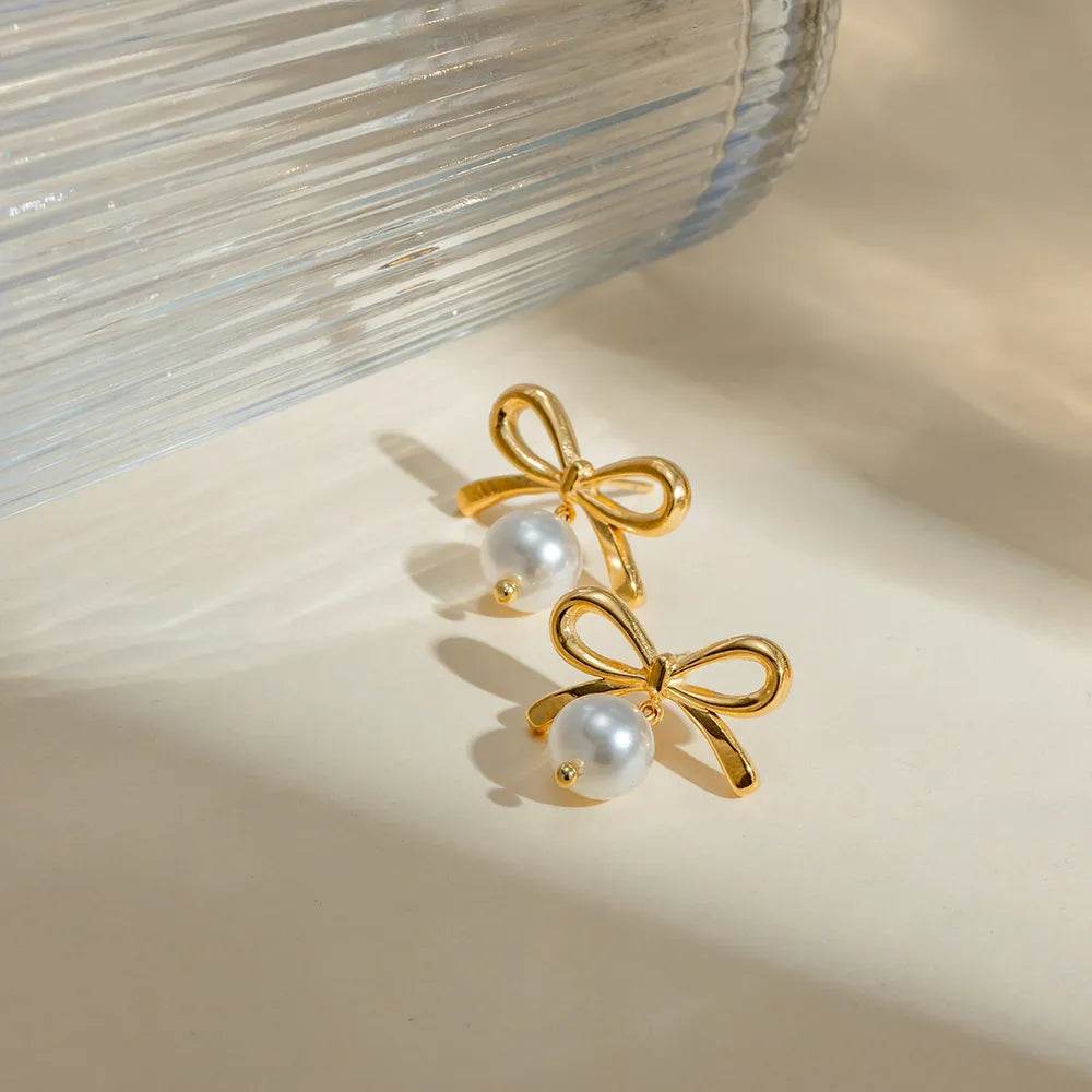 Elegant 18K Gold-Plated Stainless Steel Bow Pearl Earrings - Unique Style for Every Occasion - Store 42