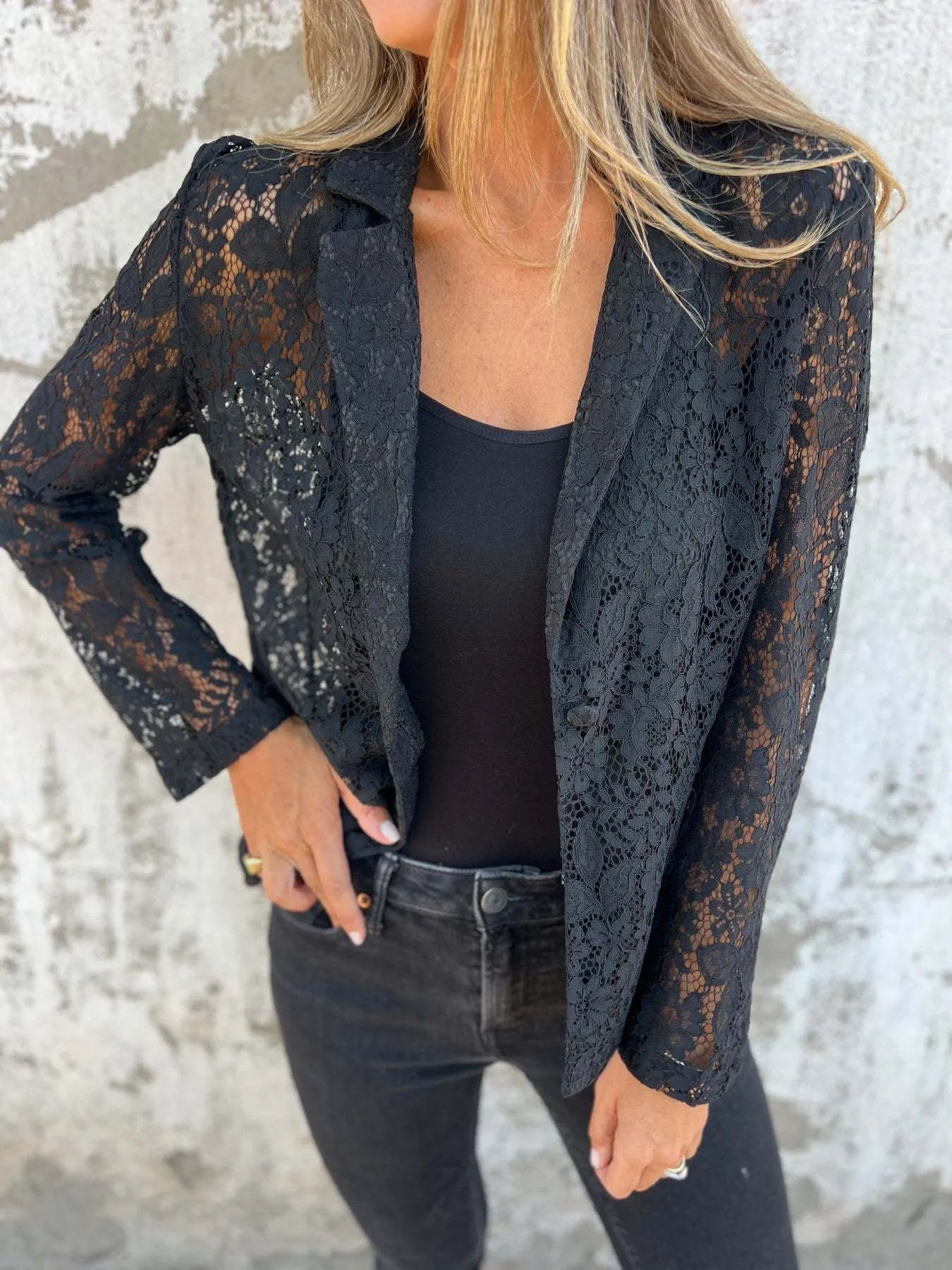 Plus Size Full Size Lace Open-Front Blazer - Lightweight, Unlined, Button Closure
