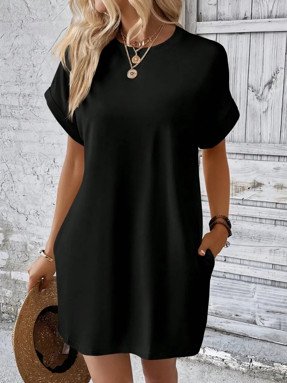 Trendy Round Neck Mini Dress with Short Sleeves - Opaque, Slightly Stretchy Fabric, Casual Style