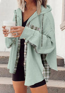 Waffle Knit Plaid Patchwork Drawstring Hooded Shacket Sage