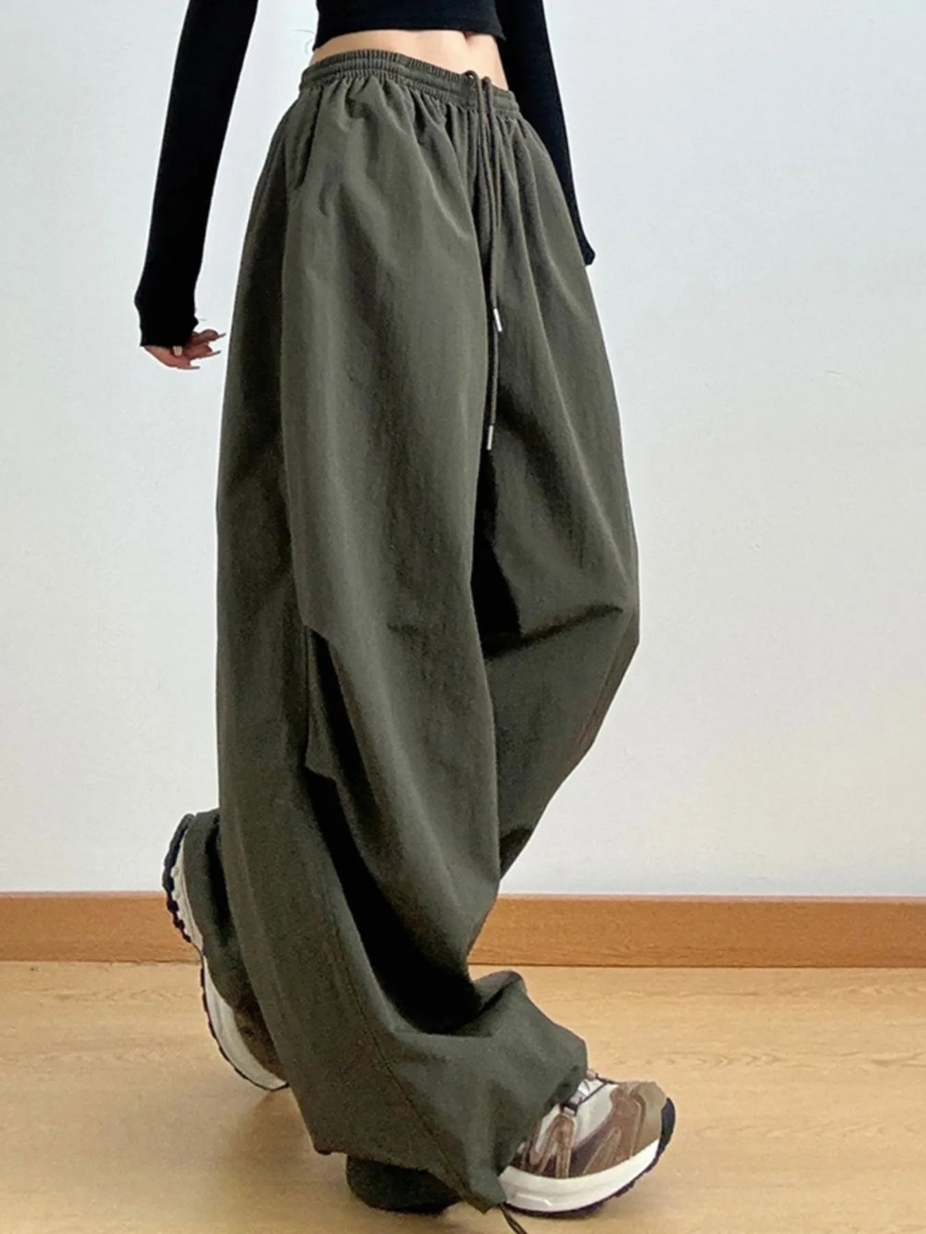 Oversized Drawstring Cargo Pants With Pockets - 100% Polyester Wide Leg Style
