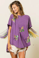 BiBi Vintage Bohemian Purple Washed T-Shirt with Butterfly Embroidery and Fringe Sleeves - Store 42