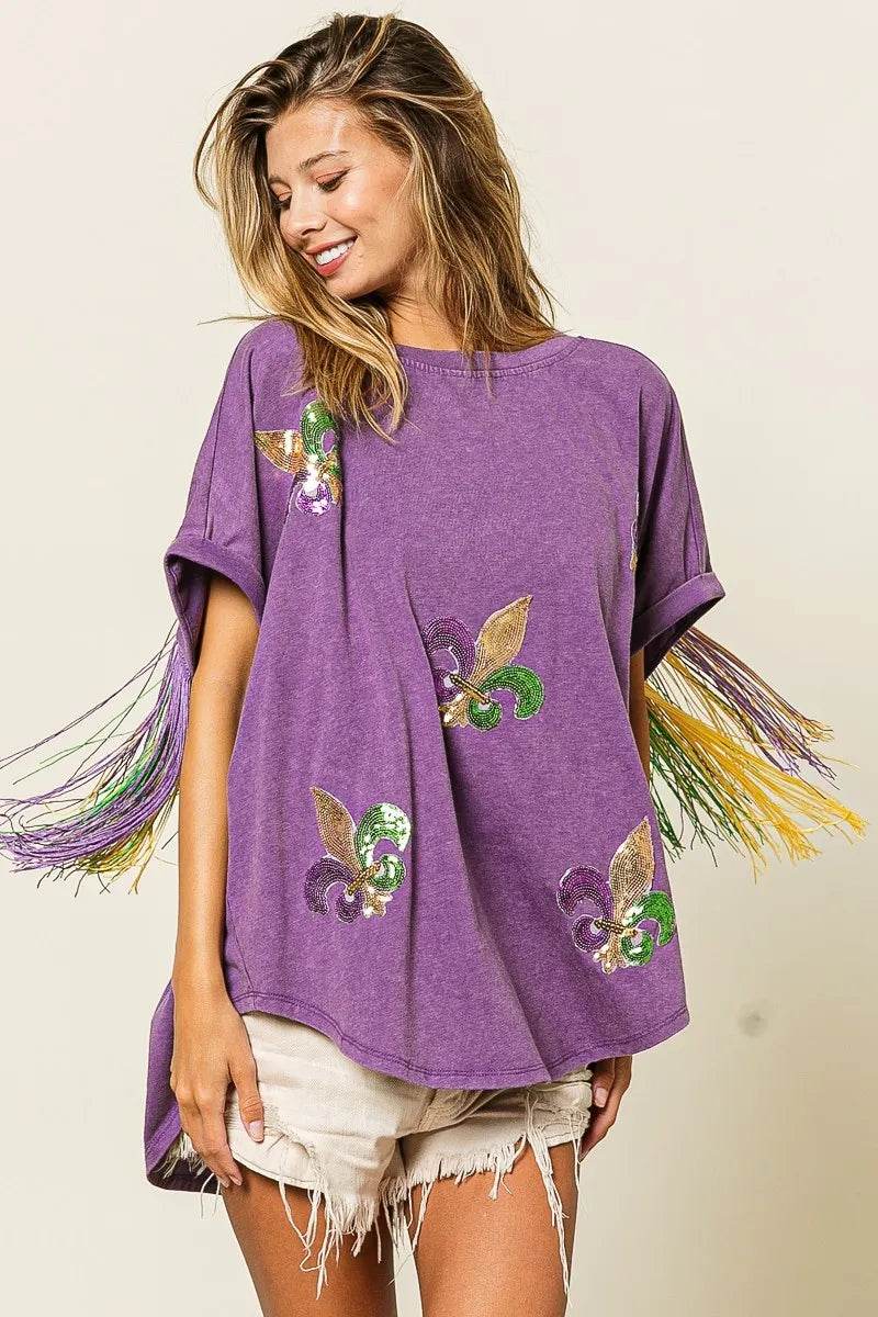 BiBi Vintage Bohemian Purple Washed T-Shirt with Butterfly Embroidery and Fringe Sleeves