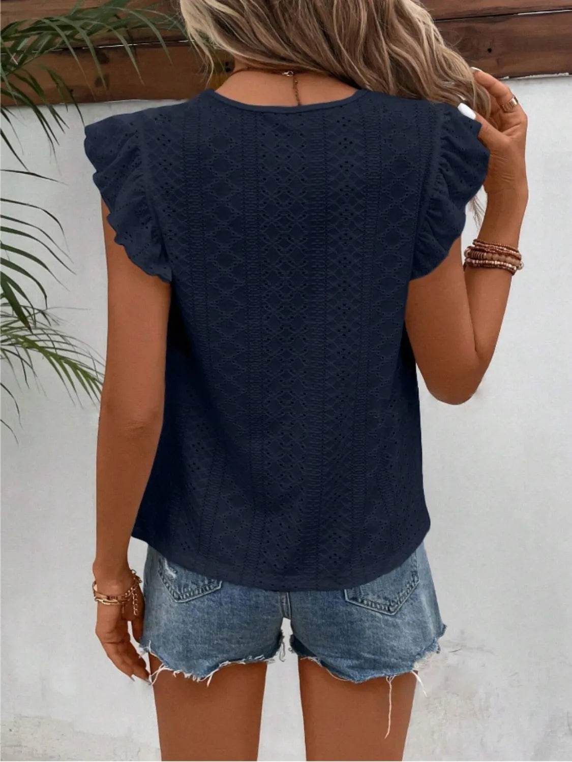 Elegant Eyelet Round Neck Cap Sleeve Top - 95% Polyester, No Stretch, Imported - Store 42