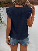 Elegant Eyelet Round Neck Cap Sleeve Top - 95% Polyester, No Stretch, Imported - Store 42