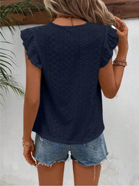 Elegant Eyelet Round Neck Cap Sleeve Top - 95% Polyester, No Stretch, Imported - Store 42