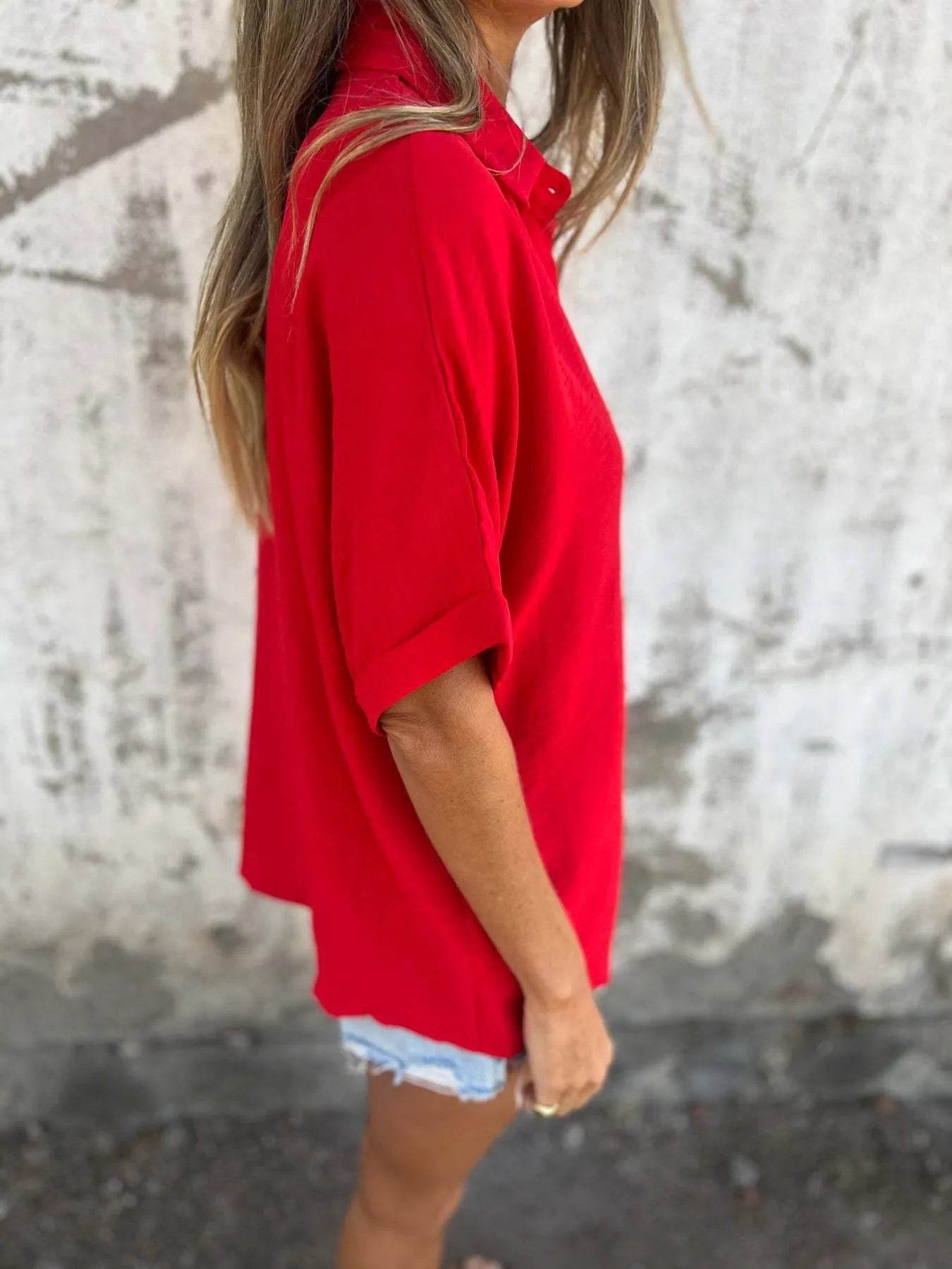 Full Size Casual Button Down Short Sleeve Loose Shirt Plus Size - Store 42