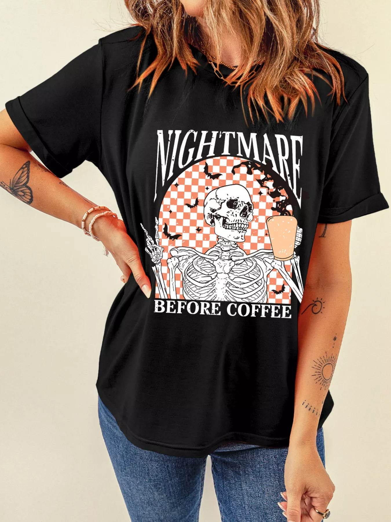 Halloween Skull Checkerboard Graphic Round Neck Tee