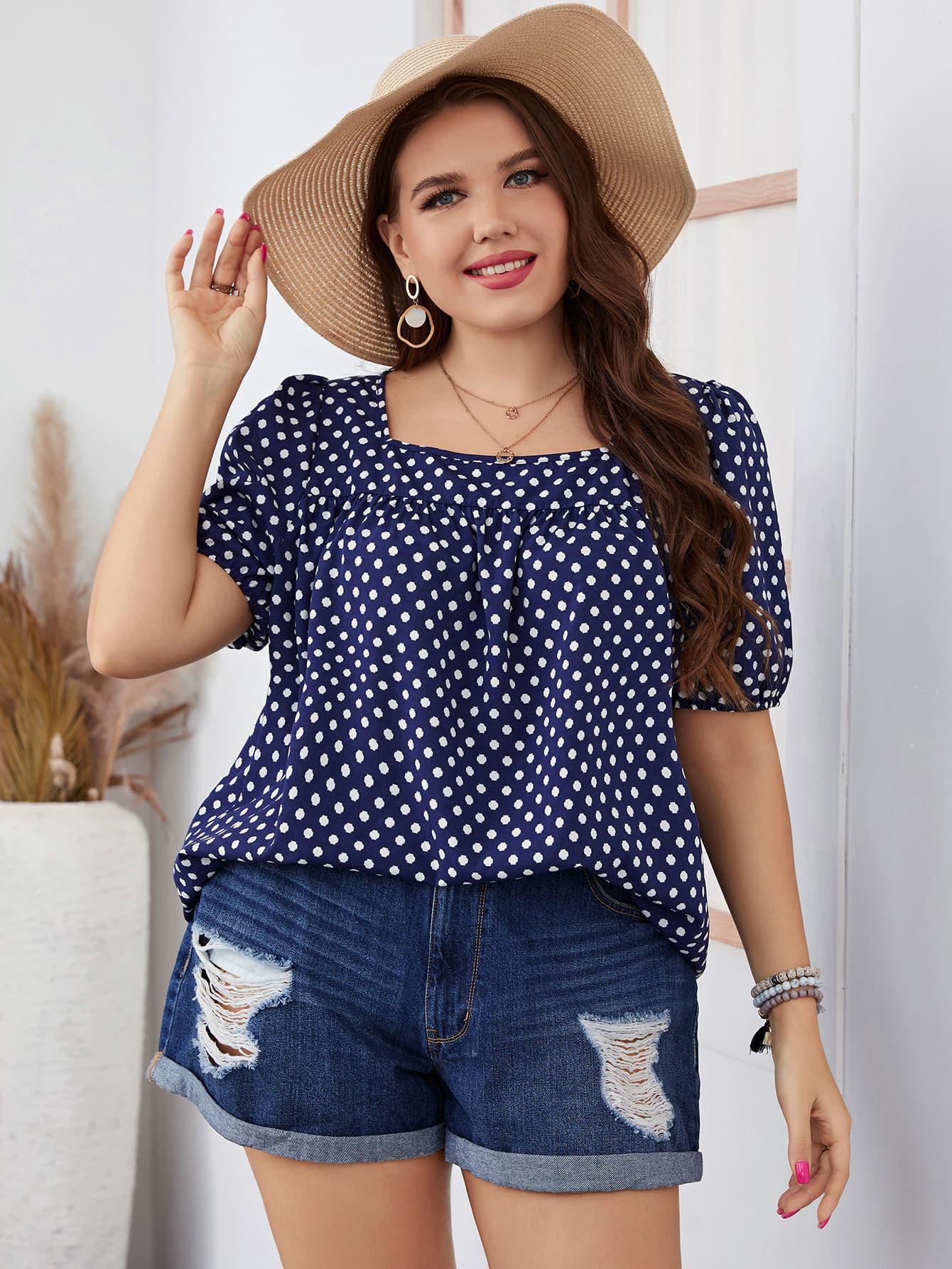 Plus Size Honey Polka Dot Square Neck Blouse With Short Sleeves – Casual Style