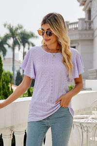 Trendsi Eyelet Flutter Sleeve Semi-Sheer Round Neck Casual Top - 100% Polyester - Store 42