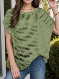 Openwork Round Neck Short Sleeve Cover-Up Moss