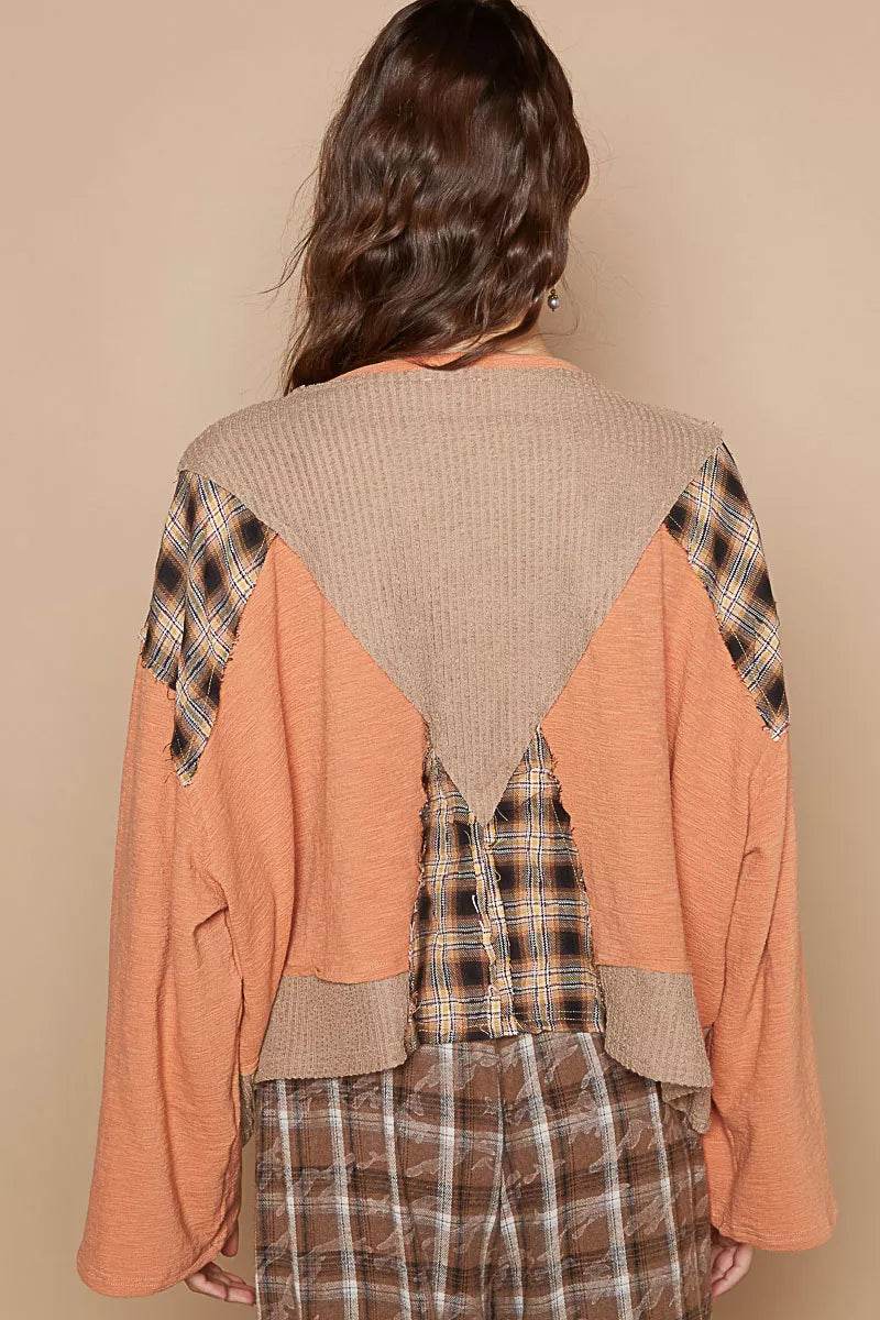 POL V-Neck Long Sleeve Plaid Contrast Top with Texture Knit Detail