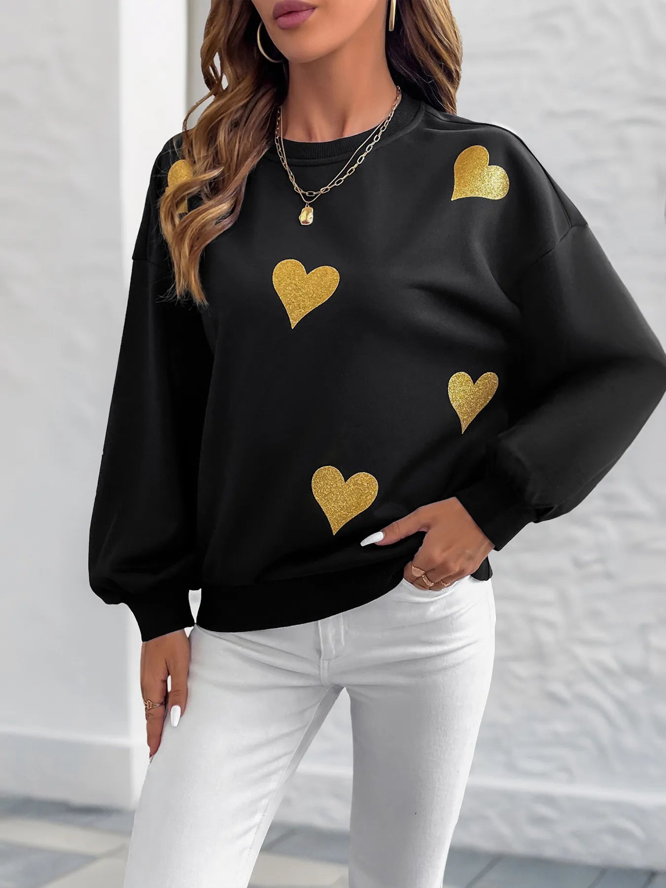 Trendy Heart Print Long Sleeve Sweatshirt for Women - Stretchy and Comfortable, Perfect for Casual Outfits