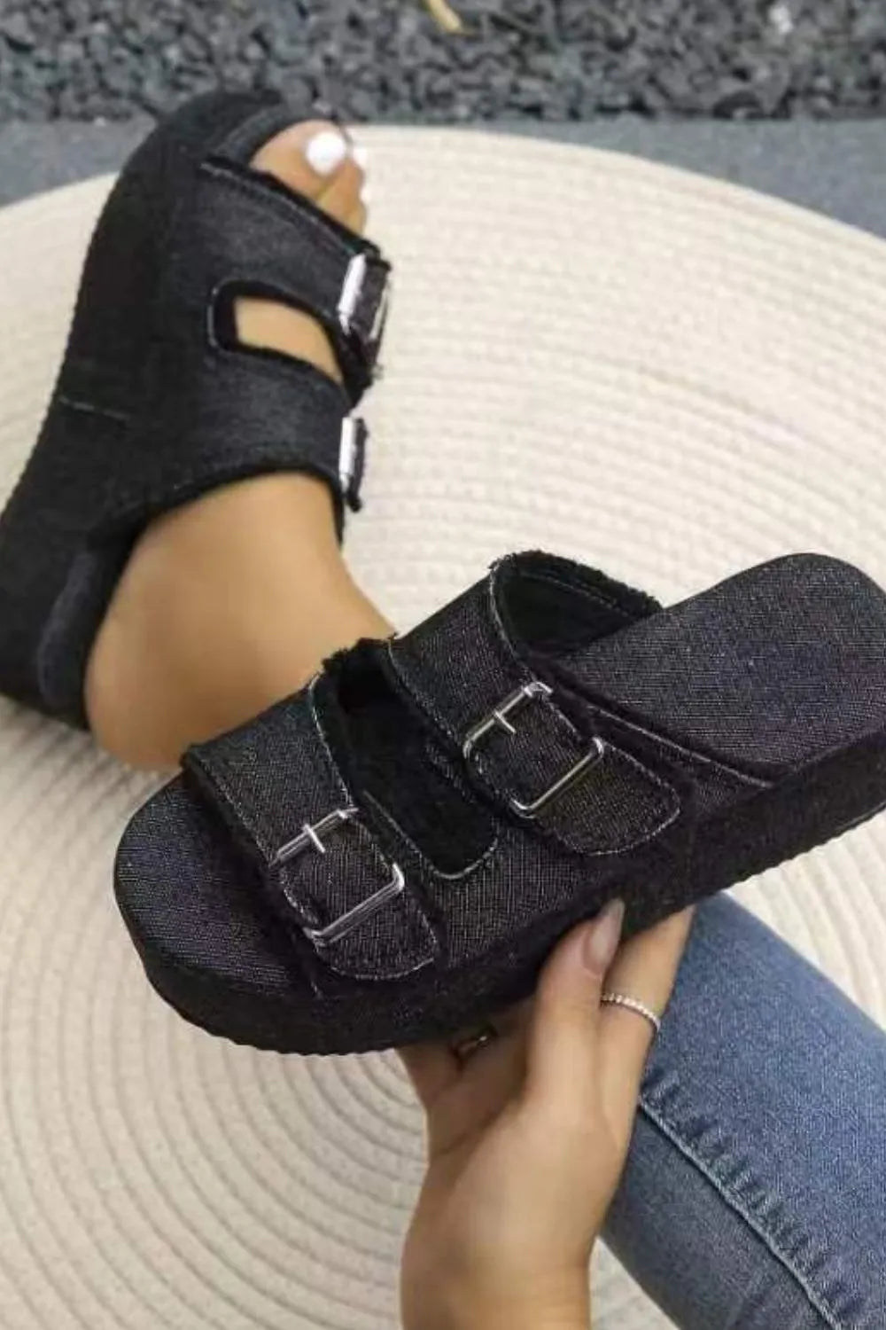 Stylish Raw Hem Wedge Sandals with Buckle - Comfortable Mid Heel Footwear for All-Day Wear