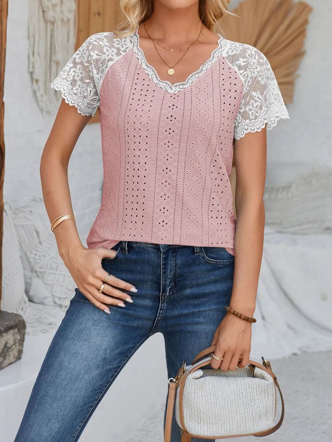 Eyelet Lace Detail V-Neck Top - Semi-Sheer, Slightly Stretchy, 100% Polyester Short Sleeve Blouse