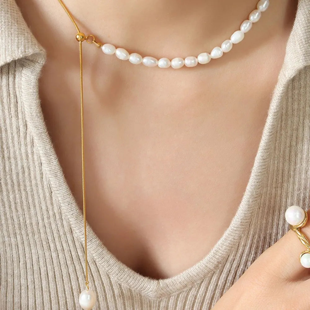 Elegant 18K Gold-Plated Freshwater Pearl Necklace with Adjustable Chain - Perfect Gift