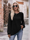 Slightly Stretchy Ruched Round Neck Long Sleeve T-Shirt - Casual Everyday Essential - Store 42
