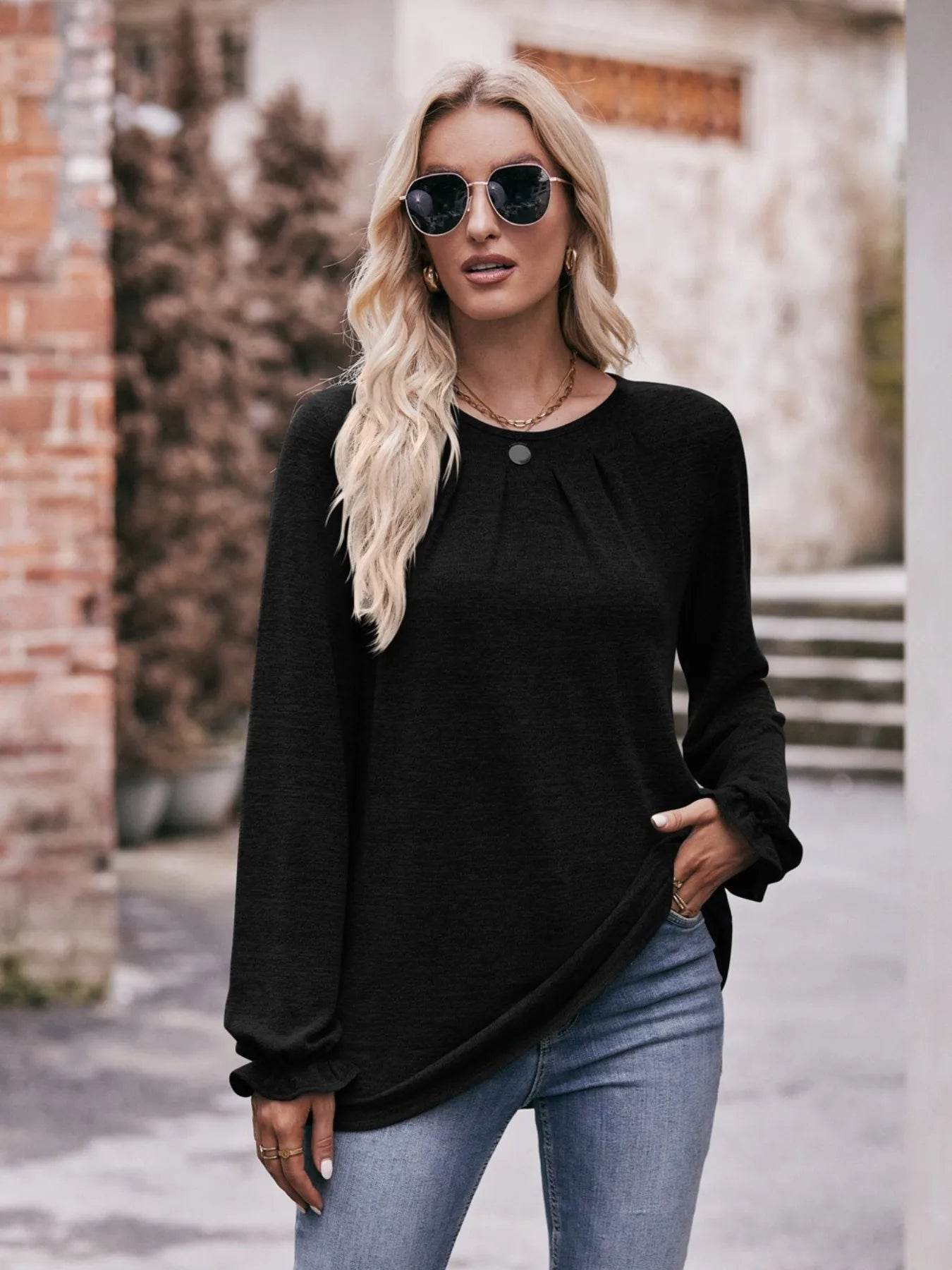 Slightly Stretchy Ruched Round Neck Long Sleeve T-Shirt - Casual Everyday Essential - Store 42