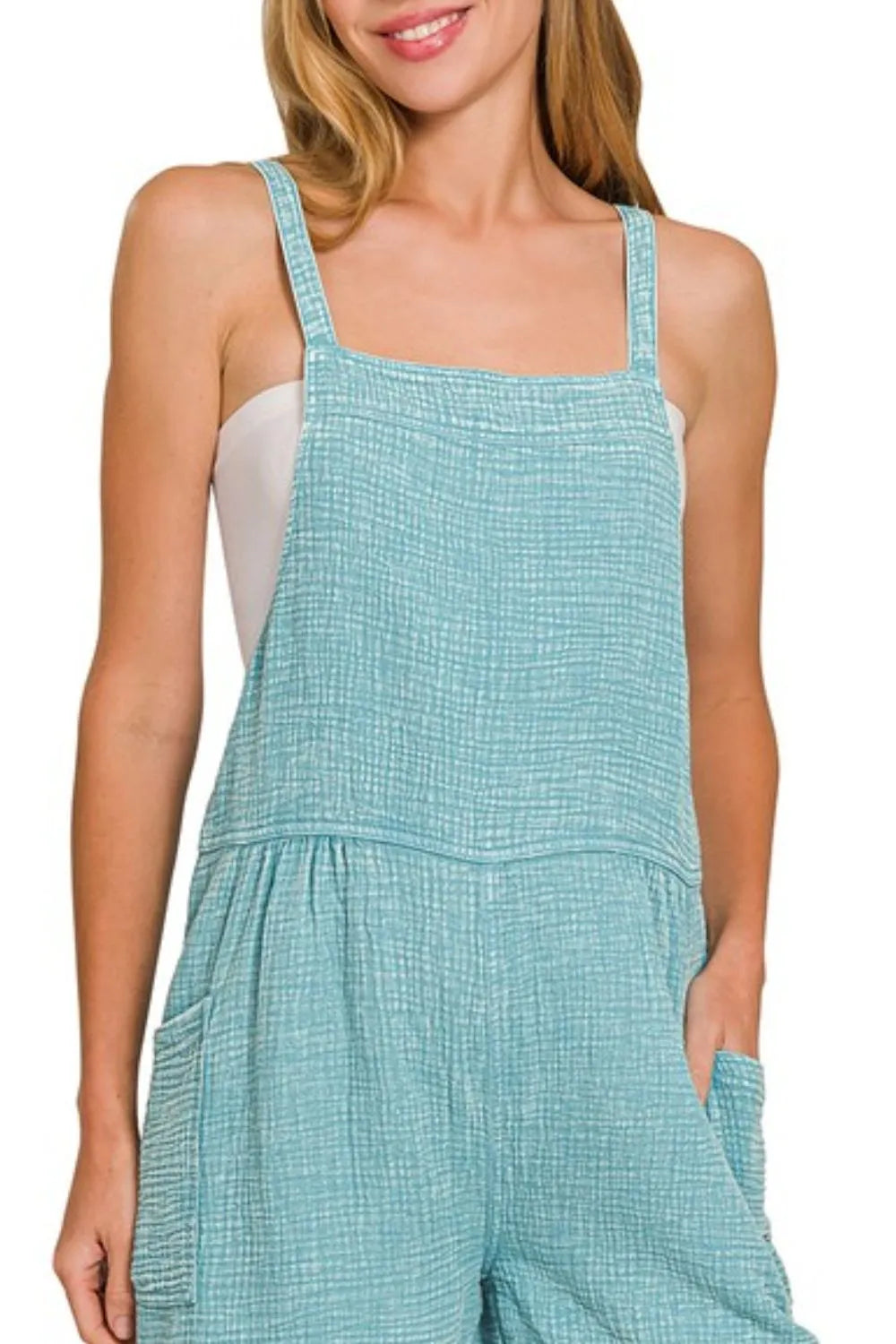 Turquoise Blue Zenana Double Gauze Tie Back Romper With Pockets - Summer Casual Fashion