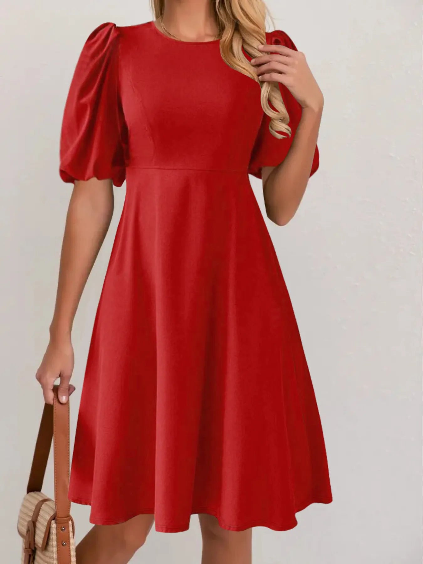 Puff Sleeve A-Line Dress with Round Neck - 100% Polyester, Machine Washable Fashion
