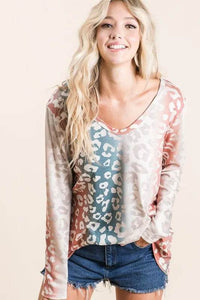 Trendy Gradation Leopard Print Textured Knit Top - 100% Cotton, Slightly Stretchy Fabric - Store 42