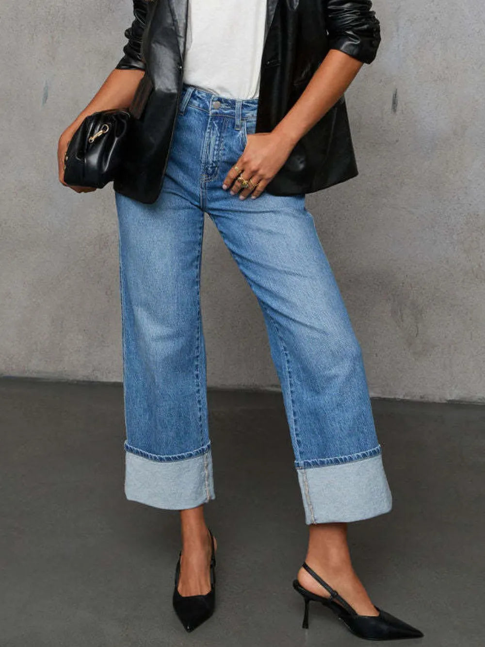 High Waisted Straight Leg Rolled Jeans
